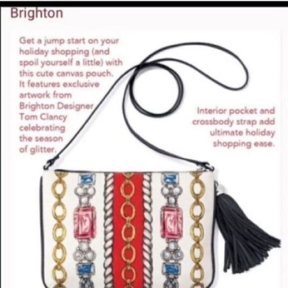 Brighton Women’s Small Crossbody Glitter and Go Pouch White Red with Tassel - Picture 4 of 16